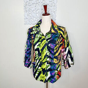 JUST B Women's Jacket MEDIUM Rainbow Tiger Stripe 3/4 Flared Sleeves Full Zip
